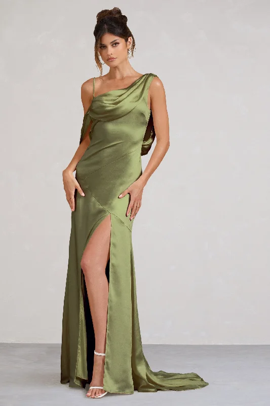 Halter neck cocktail dress-Jayne | Olive Satin Asymmetric Draped Split Maxi Dress