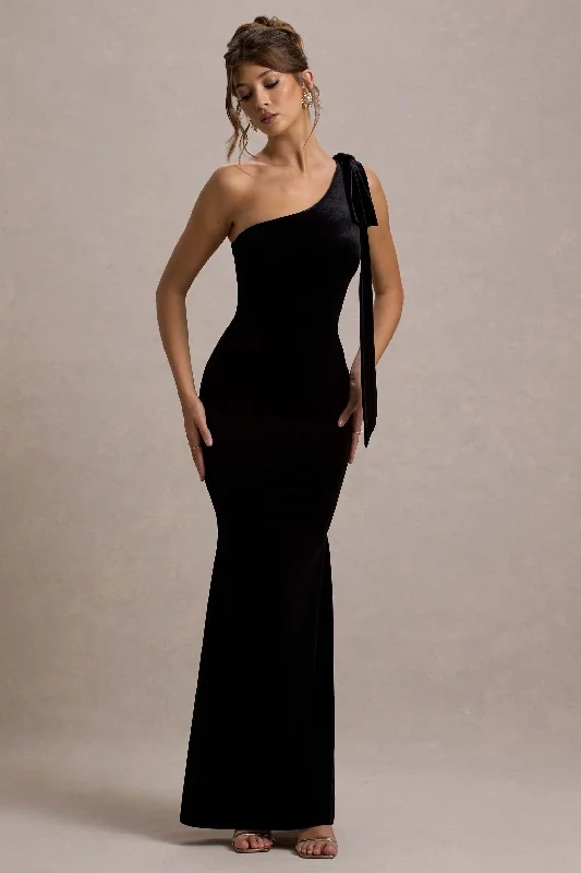 Halter neck midi dress-Jillian | Black Velvet Asymmetric Maxi Dress With Bow Strap