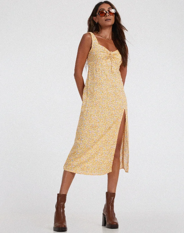 Satin cocktail dress-Jorie Midi Dress in Flower Garden Yellow