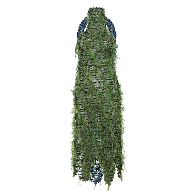 Ruffled evening dress-Jungle Mock Neck Bicolor Backless Smocked Fringe Sheer Mesh Midi Dress