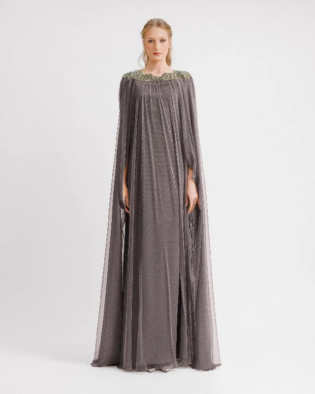 Cold shoulder dress-Draped Back Loose-Cut Grey Kaftan