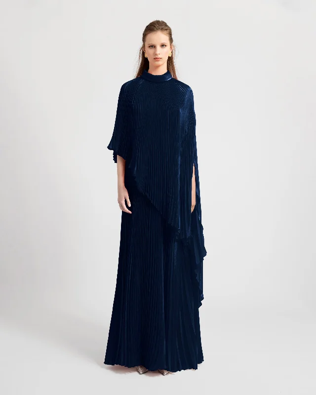 Lace maxi dress-Fully Pleated Organza Navy Kaftan