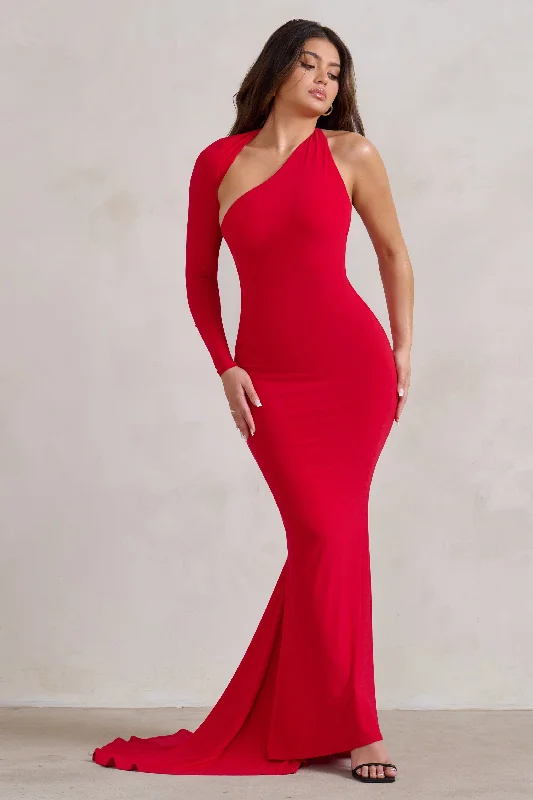 Glitter midi dress-Katarina | Red One Shoulder Fishtail Maxi Dress