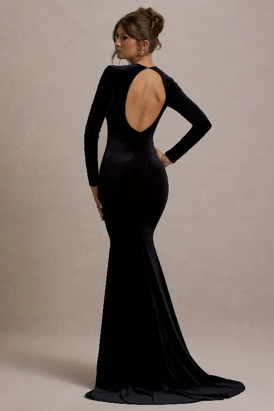 Orange party dress-Keaton | Black Velvet Long-Sleeve Open-Back Maxi Dress