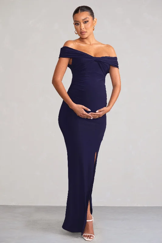 Short sleeve sundress-Kia | Navy Twist Bardot Maternity Maxi Dress with Split