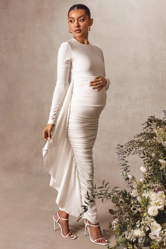 Purple evening dress-Kiara | White Long Sleeve Ruched Maternity Midi Dress with Frill Detail