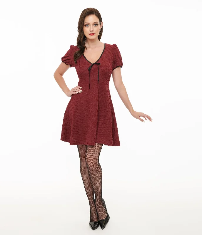 Striped prom dress-Killstar Burgundy Ribbed Chaseleigh Mini Dress