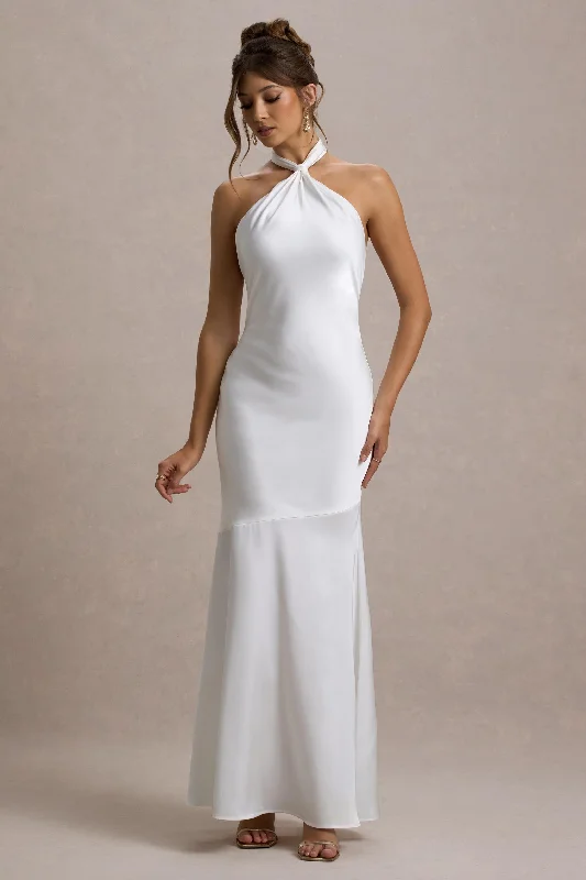 Smocked cocktail dress-Knox | White Satin Knot Halter-Neck Maxi Dress