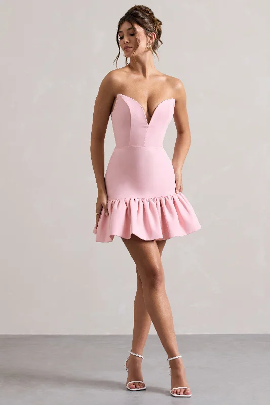 Pleated party dress-Koko | Pink Sweetheart Mini Dress With Ruffle Hem