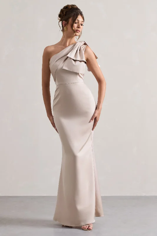 Pleated midi dress-Lady | Champagne Satin One Shoulder Maxi Dress With Bow