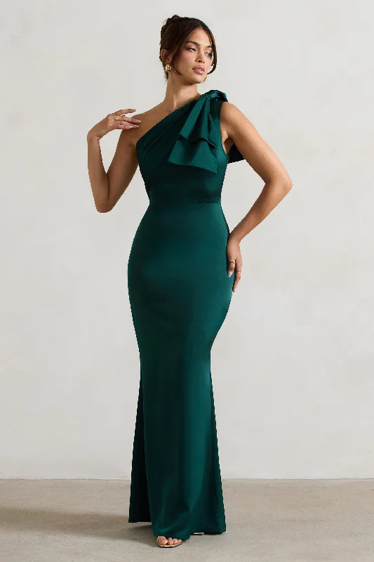 Ruffled party dress-Lady | Bottle Green Satin One Shoulder Maxi Dress With Bow