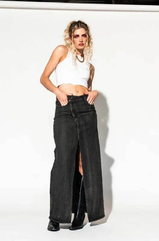 Velvet party dress-Don’t Kill My Vibe Criss Cross Denim Maxi Skirt in Black