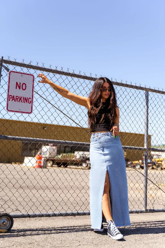 Lace midi dress-Don’t Kill My Vibe Criss Cross Denim Maxi Skirt