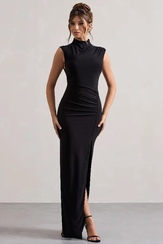 Long sleeve sundress-Lanetta | Black Ruched High-Neck Maxi Dress With Split