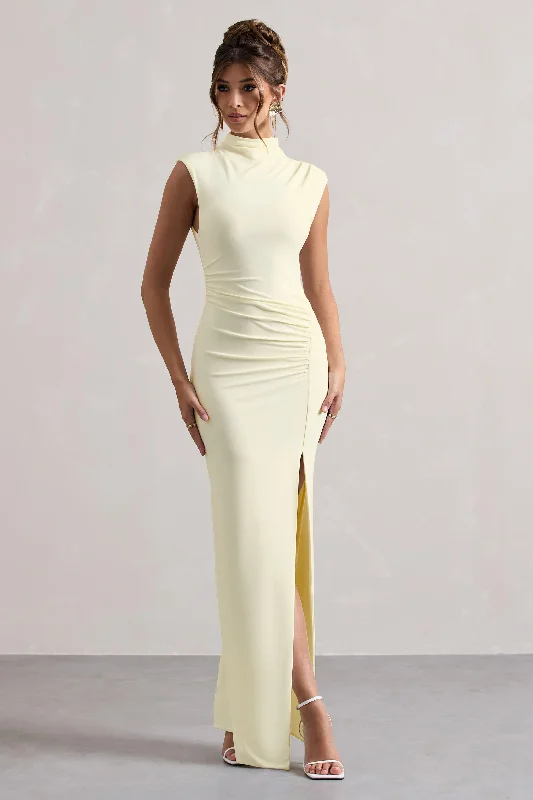 Halter neck maxi dress-Lanetta | Cream Ruched High-Neck Maxi Dress With Split