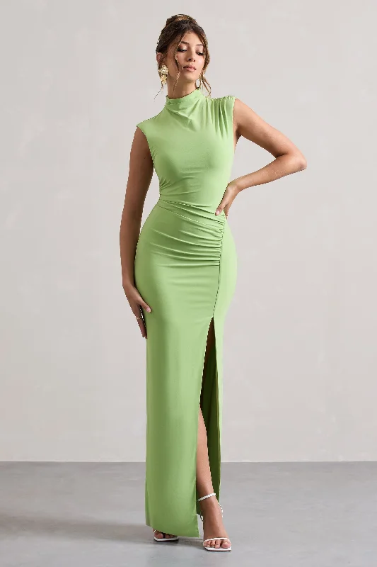 One-shoulder cocktail dress-Lanetta | Light Green Ruched High-Neck Maxi Dress With Split