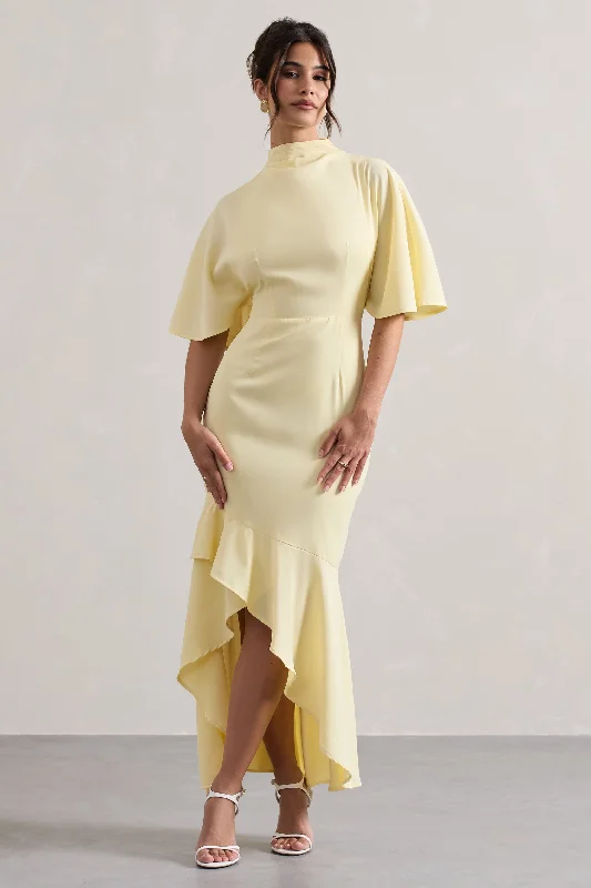 One-shoulder party dress-Lavinia | Pastel Yellow High-Neck Flutter-Sleeve Asymmetric Maxi Dress