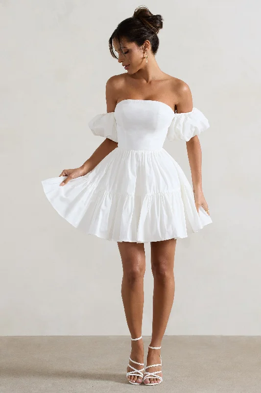 Tiered evening dress-Lani | White Poplin Bardot Tiered Mini Dress With Puff Sleeves