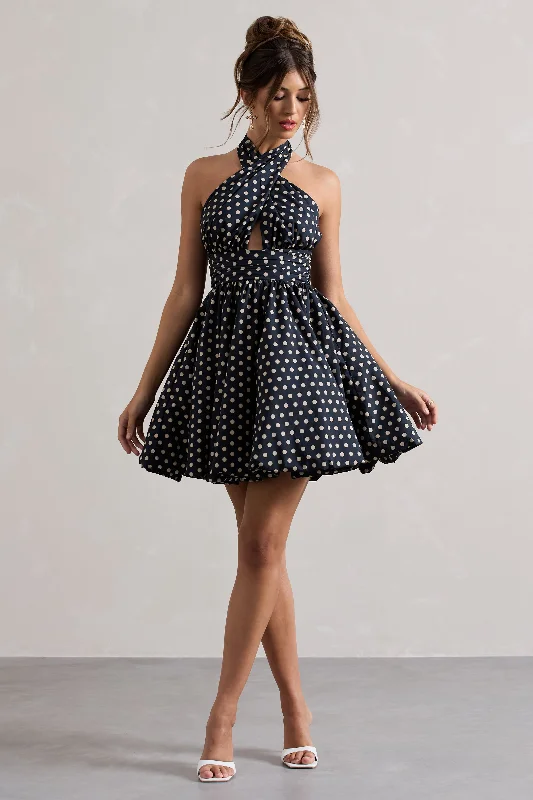 Glitter party dress-Levie | Navy Polka Dot Halter-Neck Mini Dress