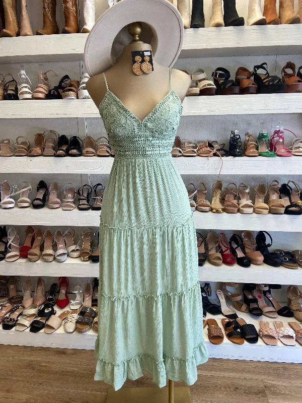 Corset evening dress-Light Green Lace Midi Dress