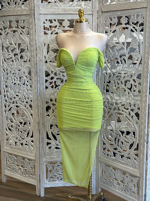 Smocked evening dress-Lime Heart Lined Midi Dress- Stretchy,Estira