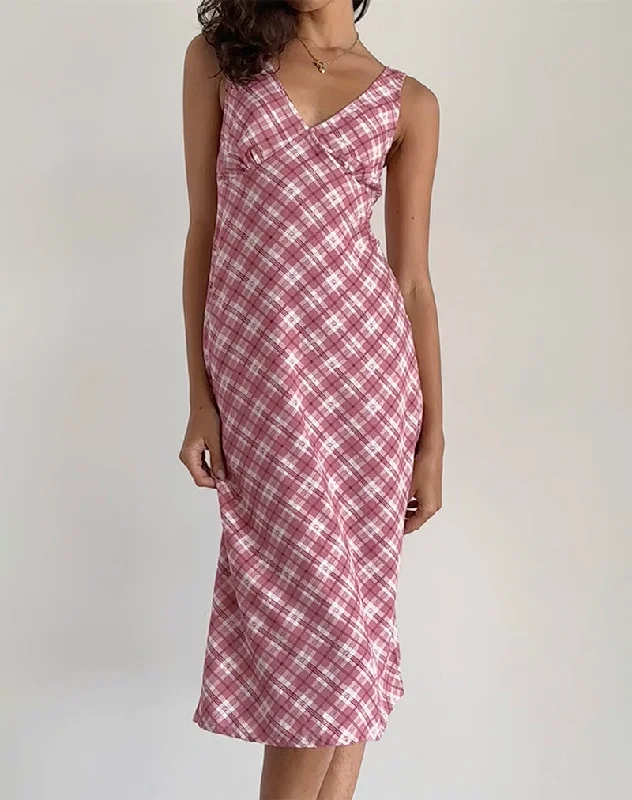 Off-shoulder maxi dress-Liva Midi Dress in Pink Tartan