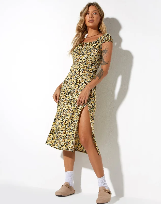 Long sleeve party dress-Lona Midi Dress in Spring Ditsy Yellow