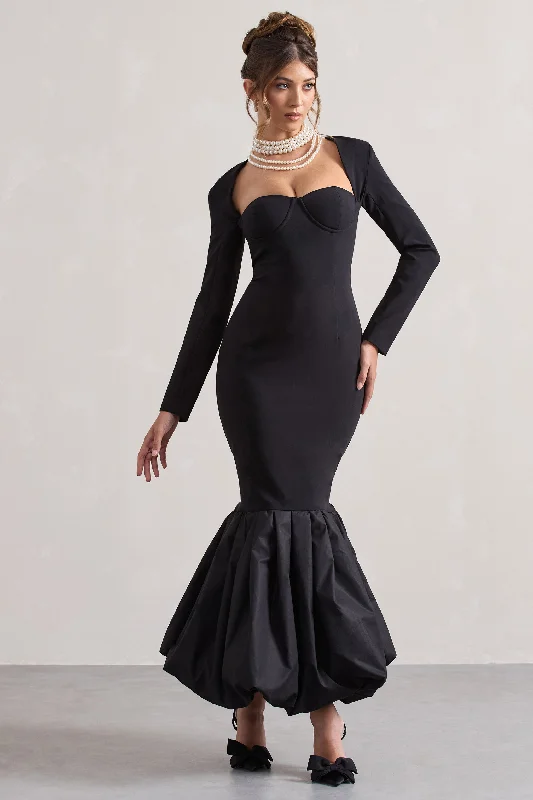 Corset prom dress-London | Black Sweetheart Maxi Dress With Volume Hem