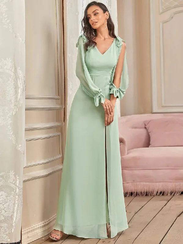 Corset sundress-BerriesJam - Long A-LINE V-Neck Full Sleeves Chiffon Bridesmaid Dress