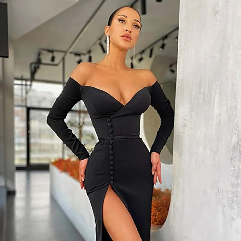 Corset evening dress-BerriesJam - Long Sleeve Off Shoulder Bandage Dress