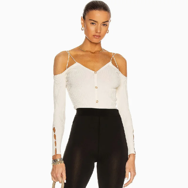 Short sleeve cocktail dress-Long Sleeve V Neck Off Shoulder Rib Knit Crop Top - White