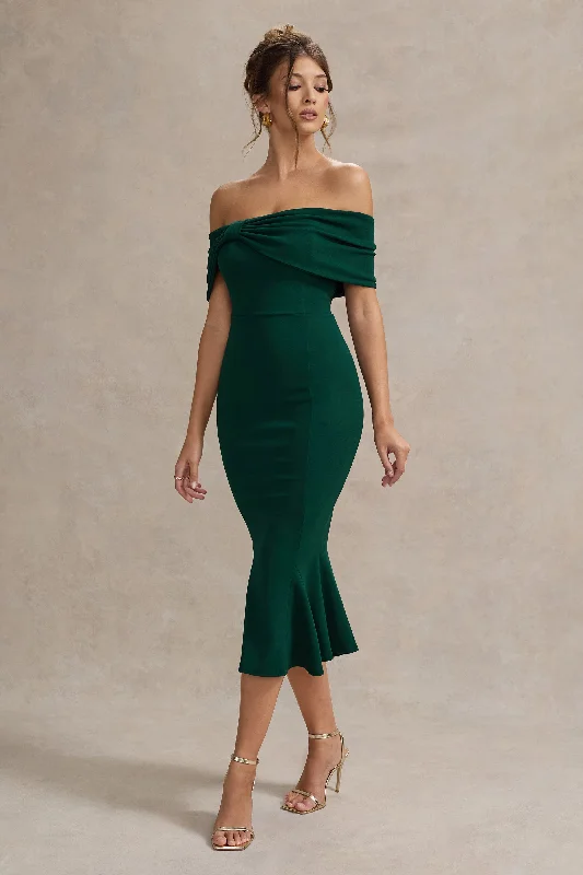 Ruched maxi dress-Lydia | Bottle Green Bardot Bow Detail Midi Dress