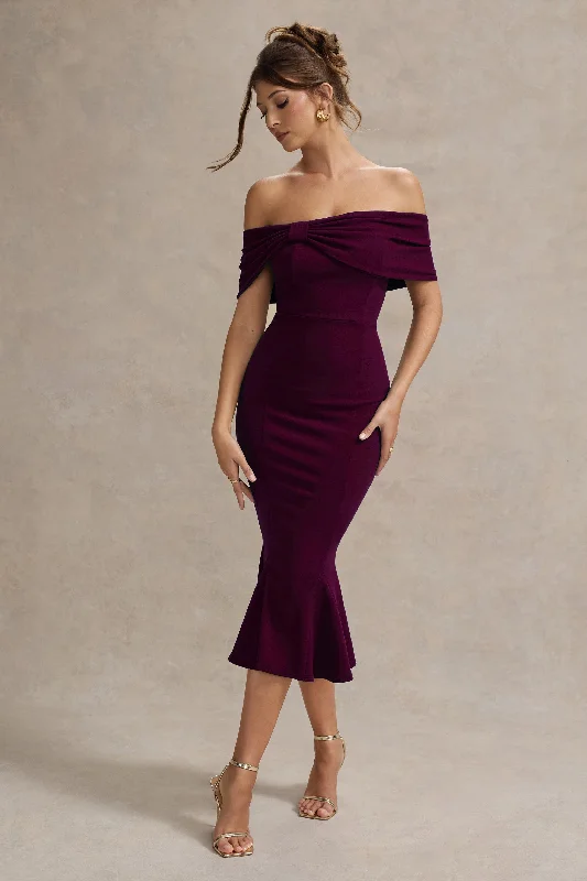 Fringe prom dress-Lydia | Plum Bardot Bow Detail Midi Dress