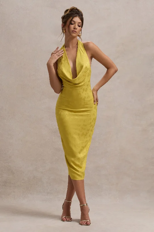 Velvet cocktail dress-Maciza | Mustard Satin Jacquard Cowl-Neck Midi Dress