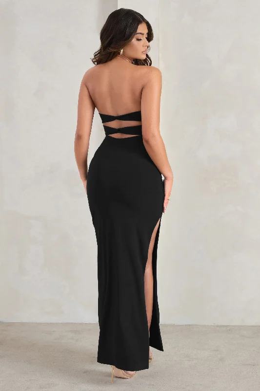 Striped cocktail dress-Manon | Black Sweetheart Bandeau Maxi Dress With Thigh Split