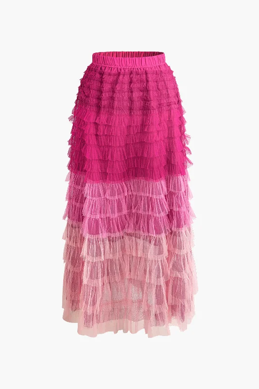 Pleated evening dress-Layered Ruffle Mesh Midi Skirt