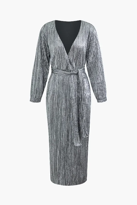 Grey sweater dress-V-neck Sequin Belted Long Sleeve Maxi Dress