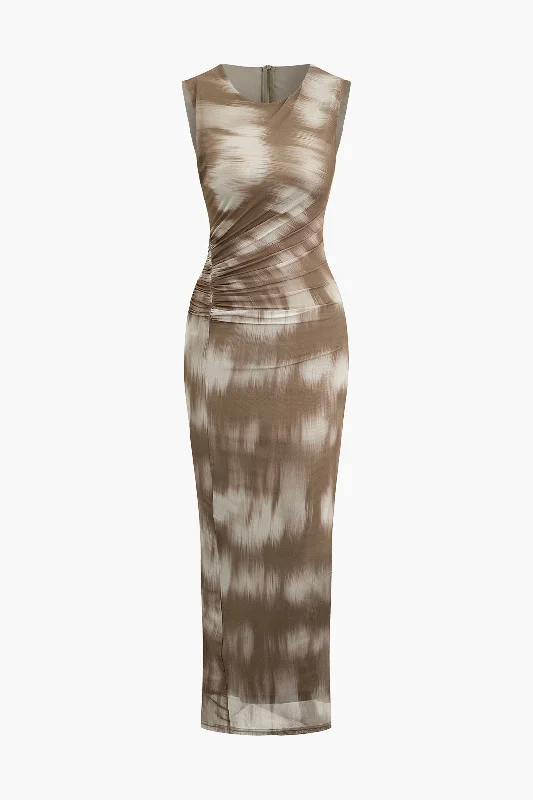 Ruched maxi dress-Tie Dye Ruched Mesh Sleeveless Maxi Dress