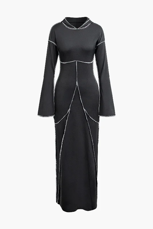 Long sleeve evening dress-Contrast Stitching Bell Sleeve Hooded Maxi Dress