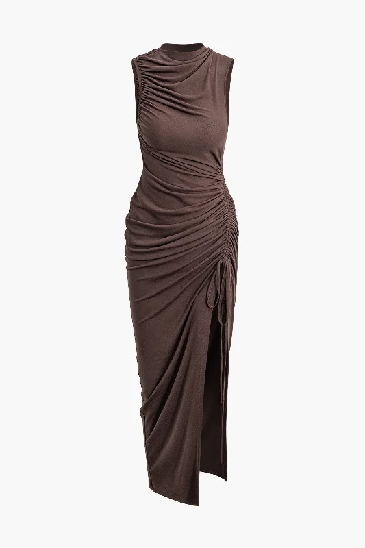 Halter neck sundress-Asymmetric Ruched Drawstring Slit Sleeveless Maxi Dress