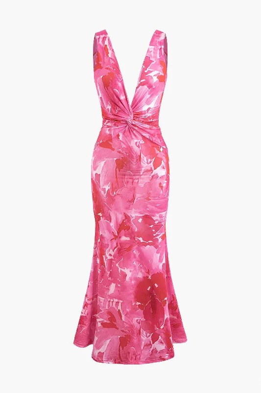 Short sleeve prom dress-Floral Print Twist Front Midi Dress