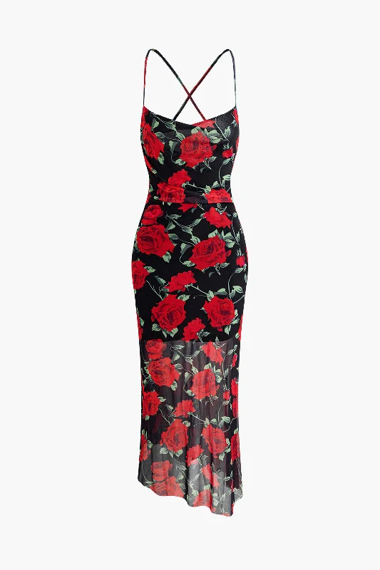 Tiered prom dress-Floral Print Cross Strap Midi Dress