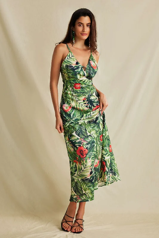 Corset sundress-Botanical Print V-neck Slip Midi Dress