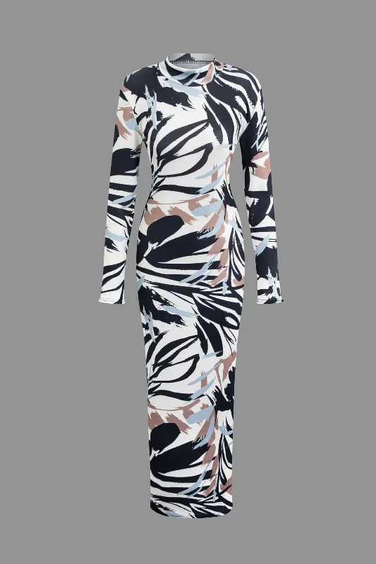 Halter neck sundress-Abstract Print Mock Neck Long Sleeve Dress