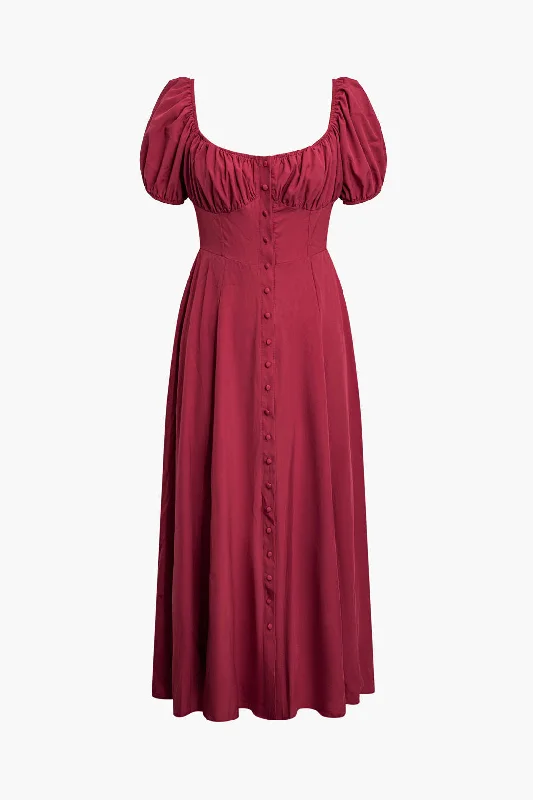 Off-shoulder cocktail dress-Button Detail Puff Sleeve Midi Dress