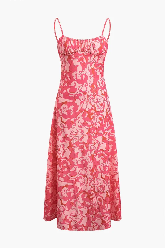 Smocked prom dress-Floral Print Cut Out Slip Midi Dress