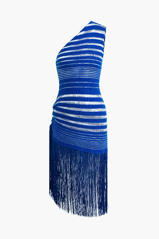 Velvet evening dress-Striped Hollow Out One Shoulder Fringed Midi Dress