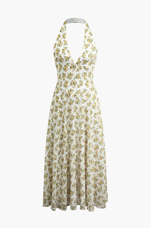 Ruched sundress-Floral Print Halter Backless Midi Dress