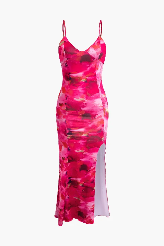 Velvet sundress-Floral Print Slip Slit Midi Dress