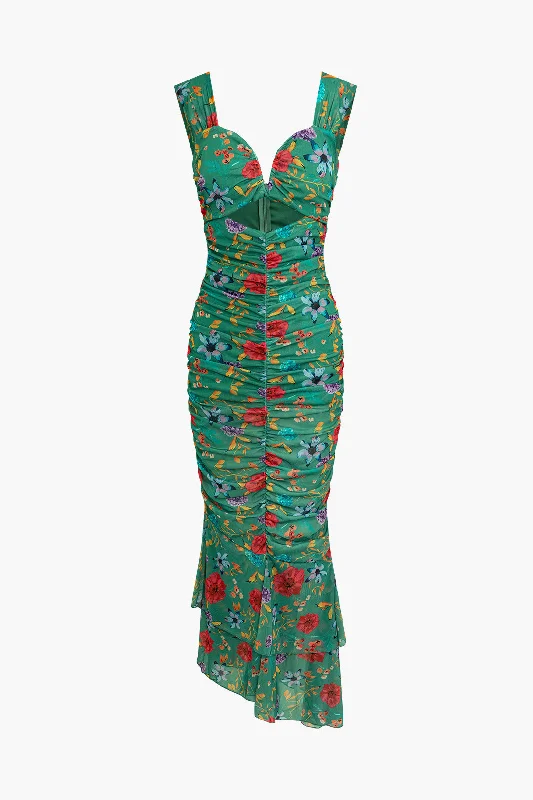 One-shoulder maxi dress-Floral Print Cut Out Ruched Midi Dress